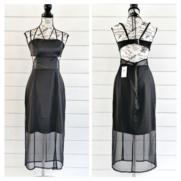 Calvin Klein Jeans Women’s Black Sheer Panel Bodycon Midi Dress Size Large NWT